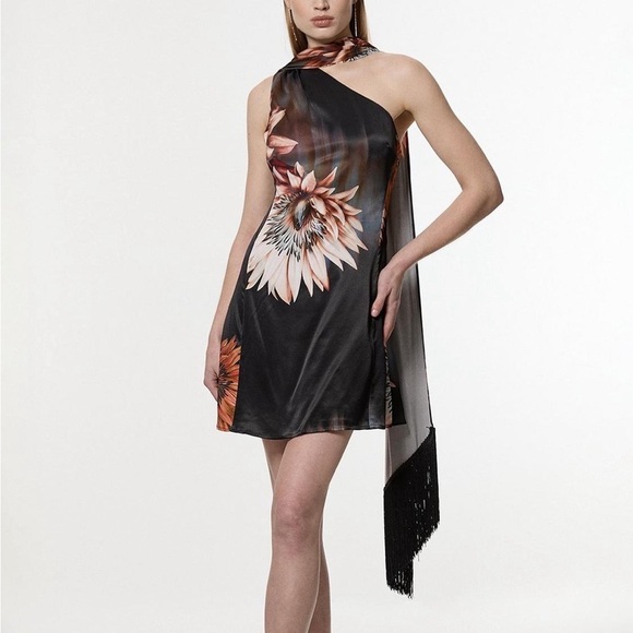 Karen Millen Black and Orange satin One Shoulder Sheath Dress - Picture 3 of 10